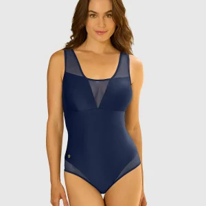 Traje de baño entero con detalles en tul en escote y piernas